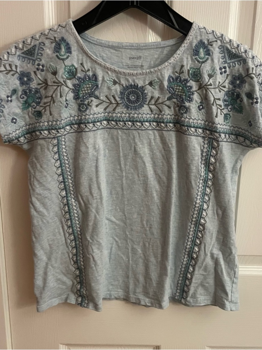 J. Jill Light Blue Embroidered Short Sleeve Tee with Teal & Navy Accents